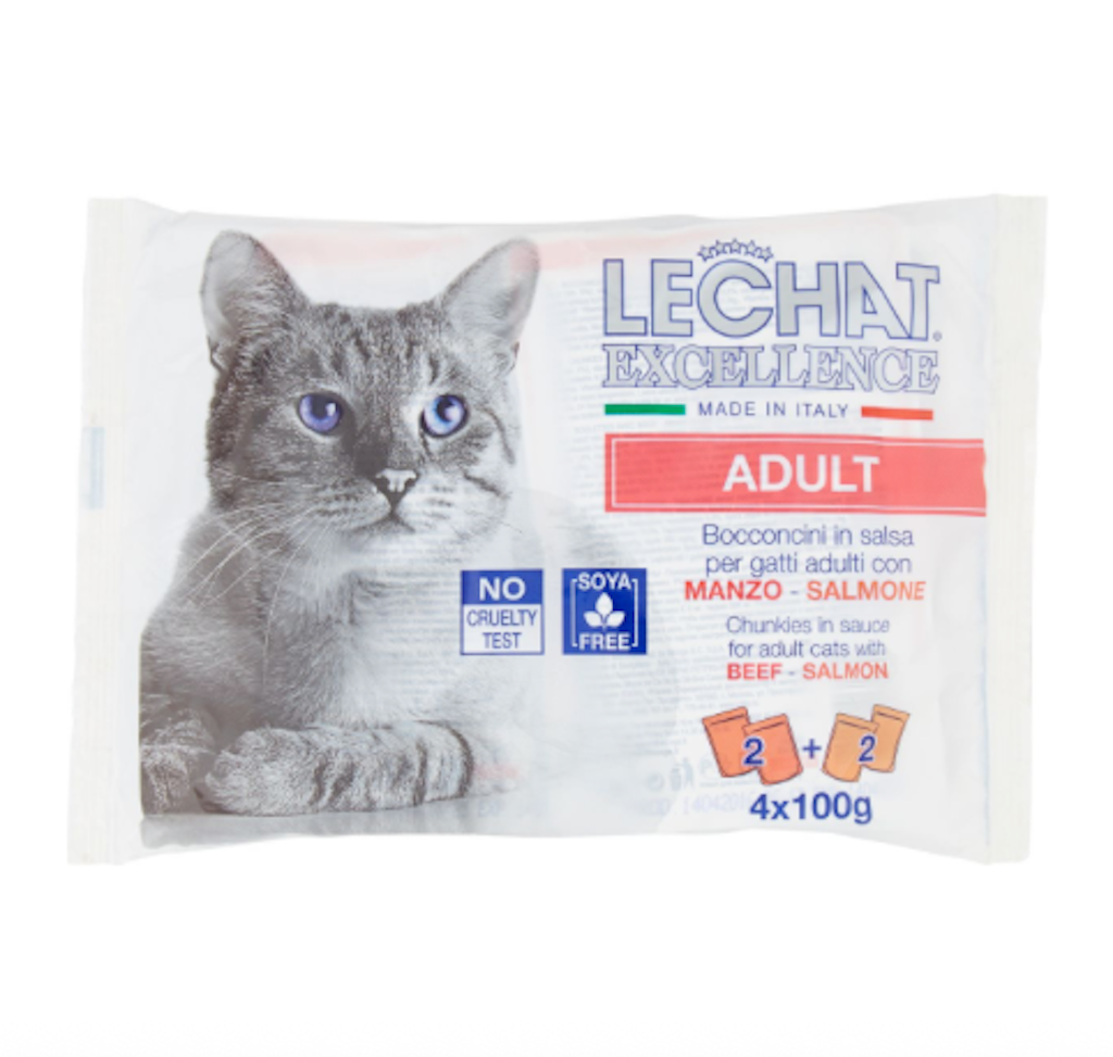 Monge, Lechat Excellence, Bissen in Sauce für ausgewachsene Katzen mit Rindfleisch und Lachs, 4x100gr
