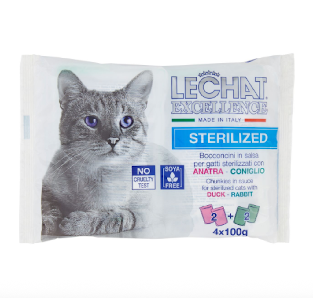 Monge, Lechat Excellence, Bissen in Sauce für sterilisierte Katzen mit Ente und Kaninchen, 4x100gr