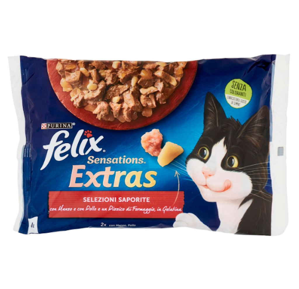 Purina Felix, Sensations Extras, mit Rindfleisch, Hähnchen und einer Prise Käse, 4x85 gr