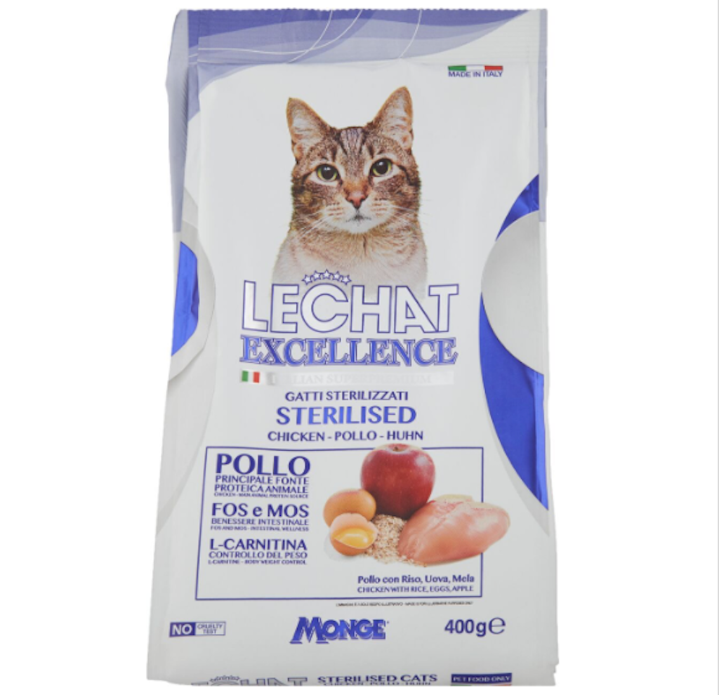 Monge, Lechat Excellence, Sterilised, Huhn mit Reis, Eier und Apfel, 400gr.