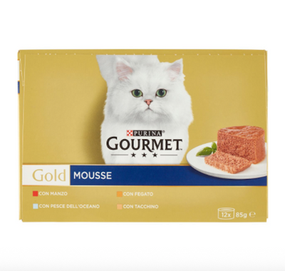 Purina, Gourmet Gold, Mousse mit Rind, Leber, Fisch und Truthahn, 12Stk.