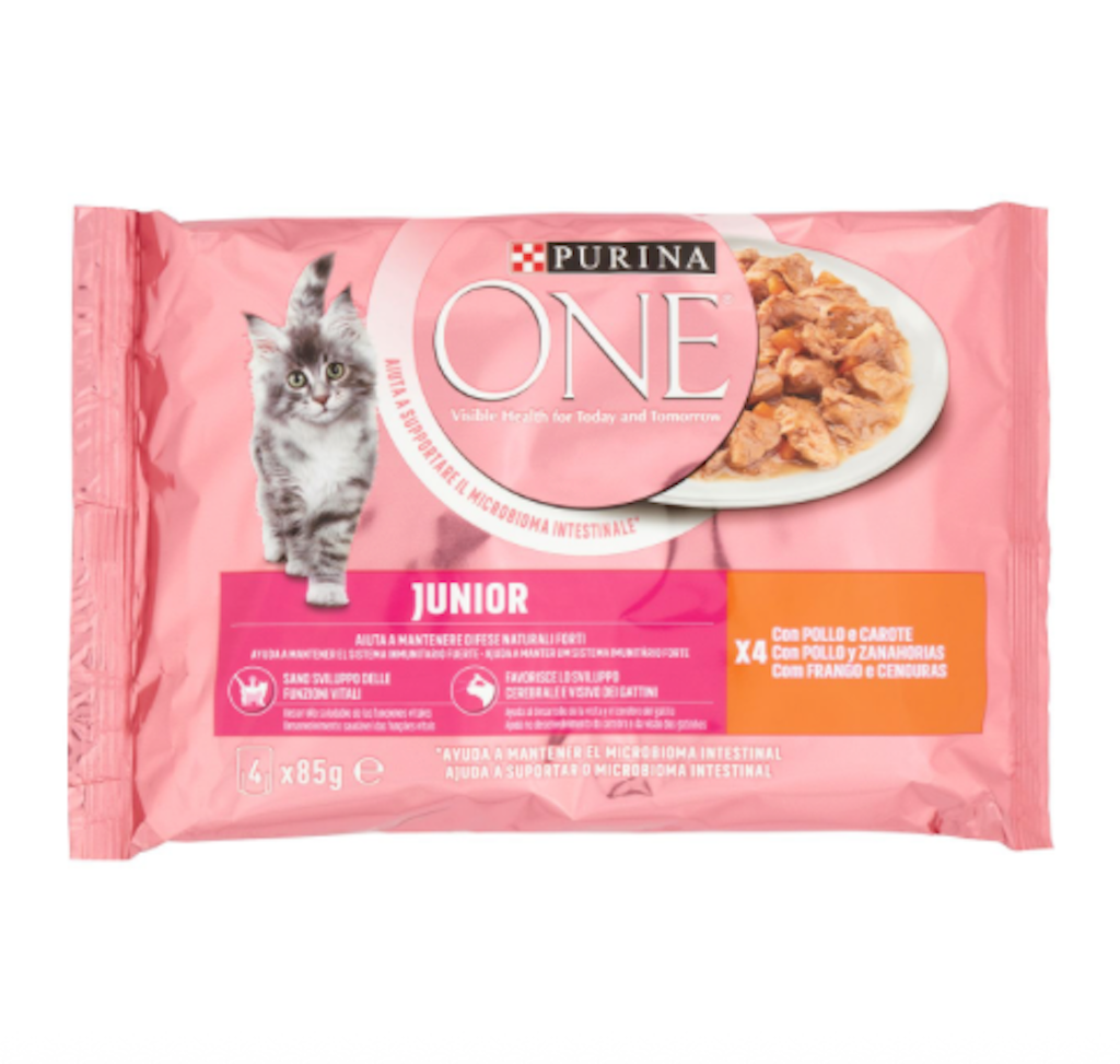 Purina, One, Junior, Huhn und Karotten, 4x85gr