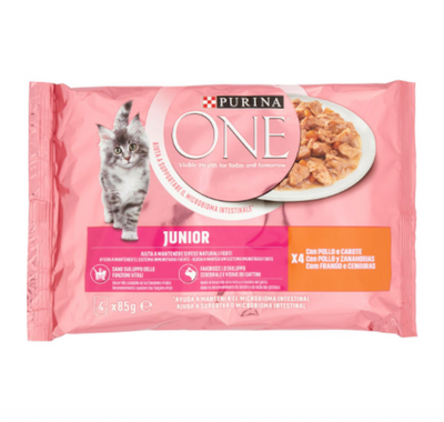 Purina, One, Junior, Huhn und Karotten, 4x85gr