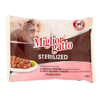 Miglior Gatto, Katzenfutter in Sauce, Lamm, Huhn, Truthahn und Gemüse, 4x85gr.