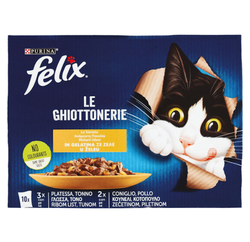 Purina Felix, Le Ghiottonerie, mit Plattfisch, Thunfisch, Kaninchen, Huhn, 10x85 gr