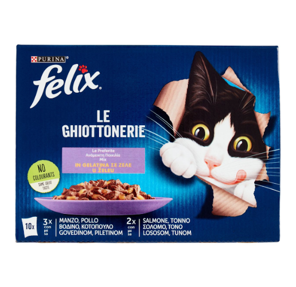 Purina Felix, Le Ghiottonerie, mit Lachs, Thunfisch, Rind, Huhn, 10x85 gr