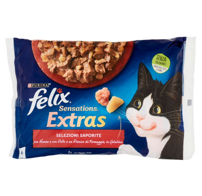 Purina Felix, Sensations Extras, mit Rindfleisch, Hähnchen und einer Prise Käse, 4x85 gr