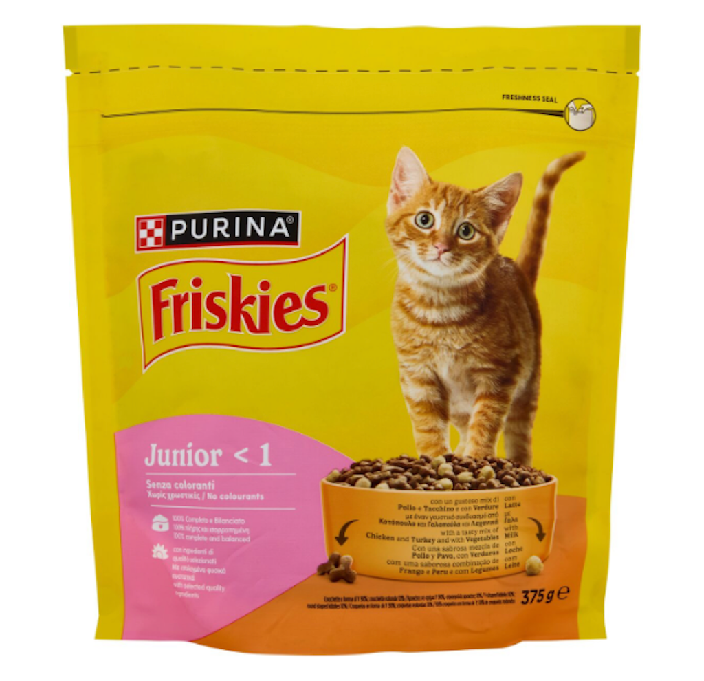 Purina Friskies, Junior,  Huhn und Truthahn mit Gemüse, 375gr.