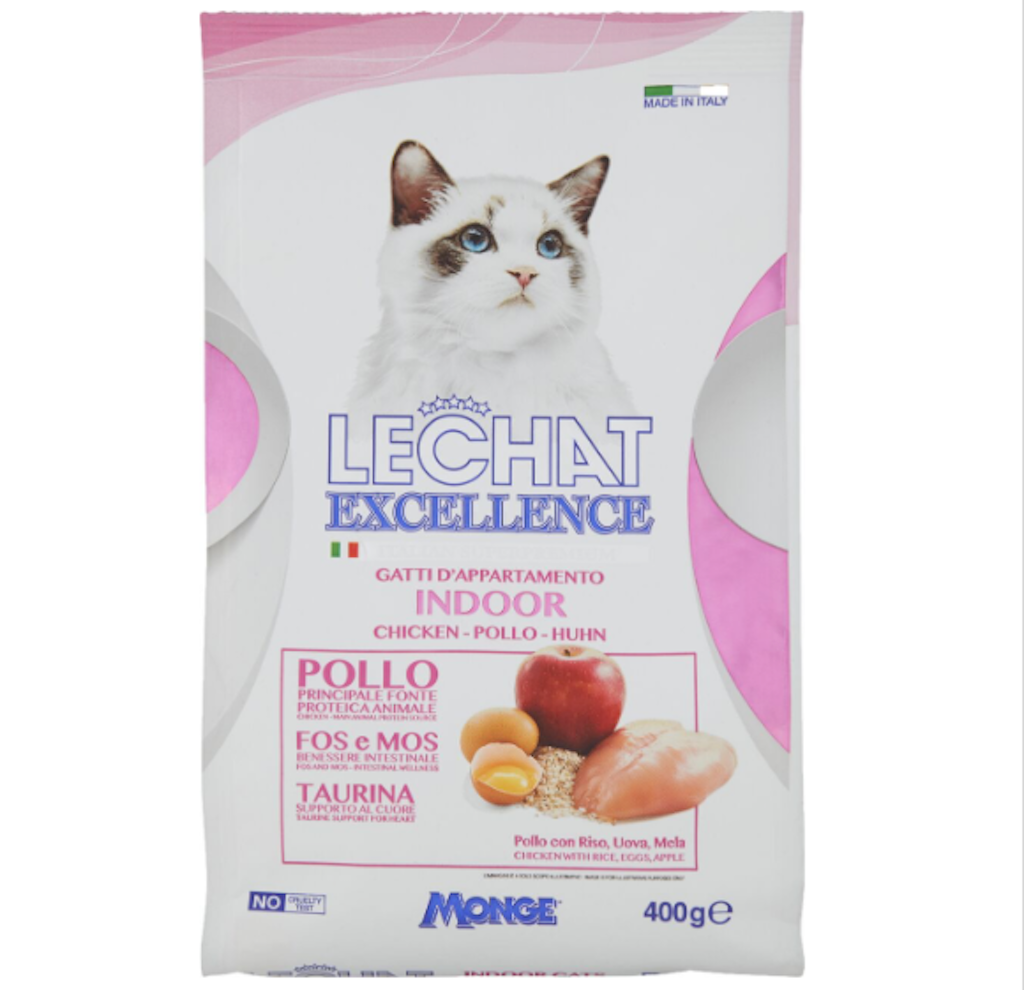 Monge, Lechat Excellence, Indoor, Huhn mit Reis, Eier und Apfel, 400gr.