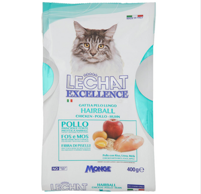 Monge, Lechat Excellence, Hairball, Huhn mit Reis, Eier und Apfel, 400gr.