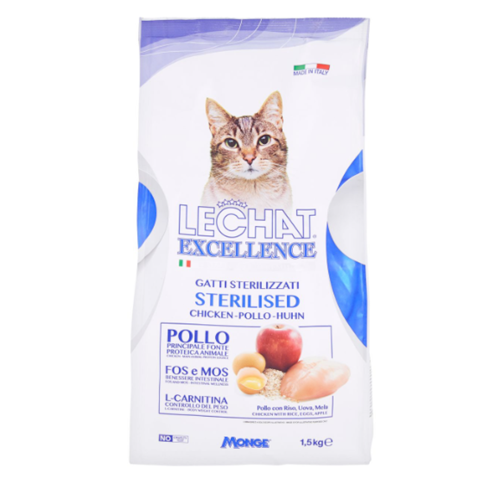 Monge, Lechat Excellence, Sterilised, Huhn mit Reis, Eier und Apfel, 1.5 kg