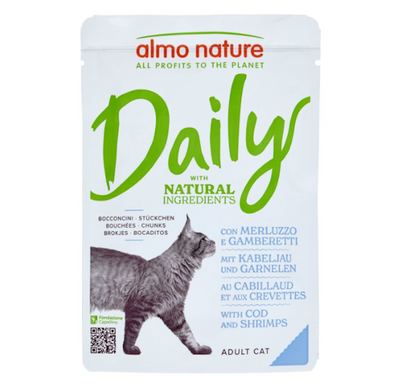 Almo Nature, Daily, Katzenhäppchen mit Kabeljau und Garnelen, 70gr.