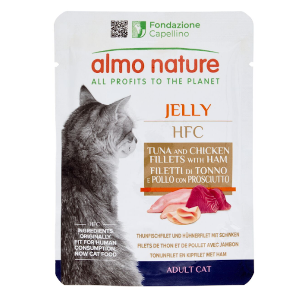 Almo Nature, Jelly, Nassfutter mit Thunfischfilet, Huhnfilet und Schinken, 70gr.