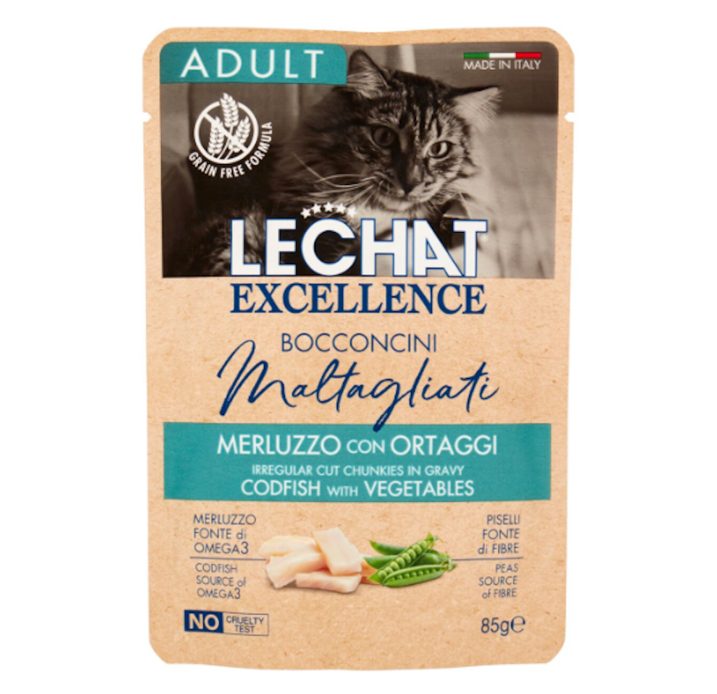Monge, LeChat Excellence, Maltagliati-Häppchen mit Kabeljau und Gemüse, 85gr.